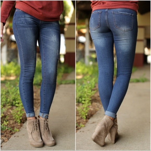 Denim - Dark Denim Lightly Distressed Skinny Jean